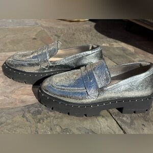 Schutz Distressed Leather Silver Lug Sole Penny Loafers